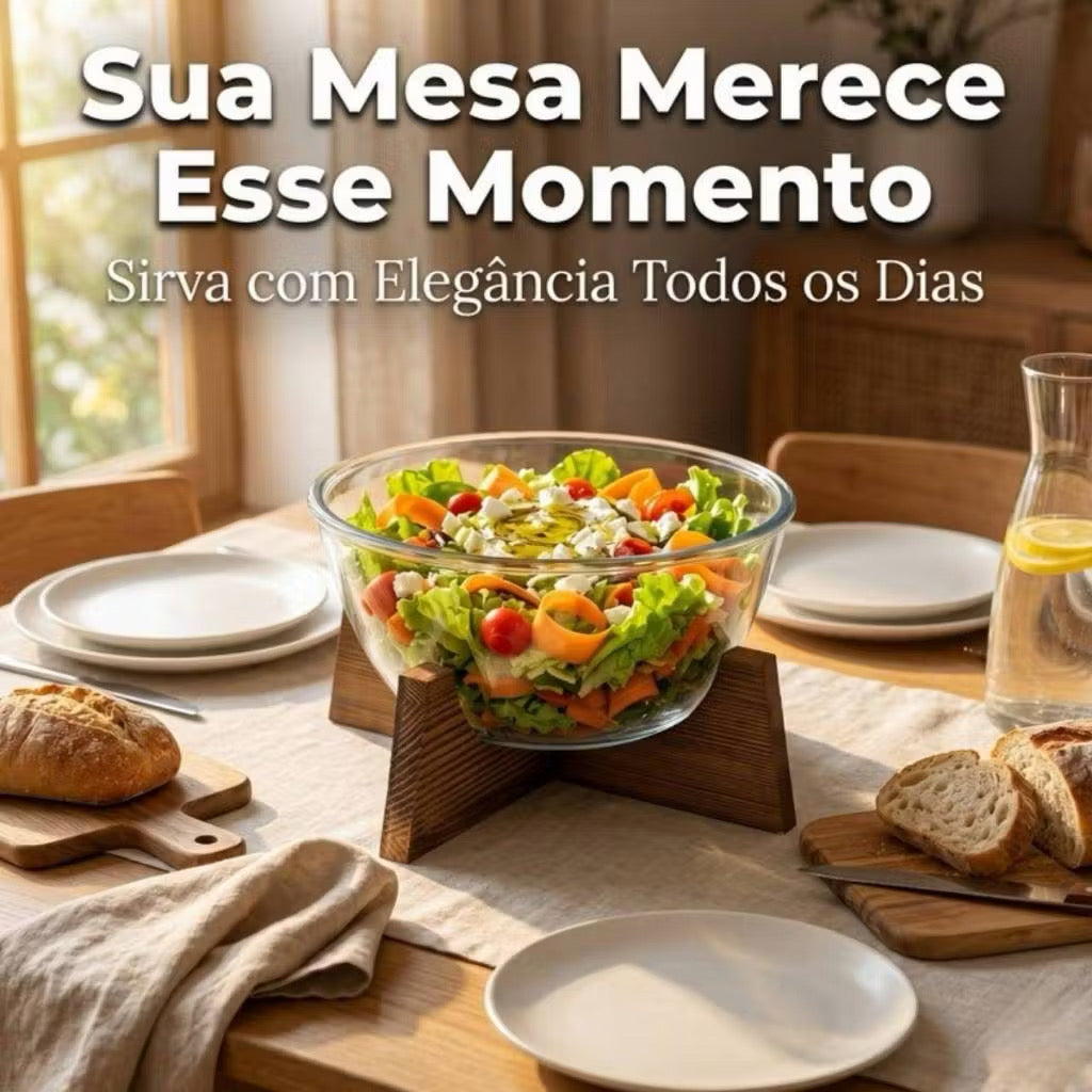 Tigela de Frutas de Vidro com Base de Madeira