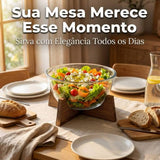 Tigela de Frutas de Vidro com Base de Madeira