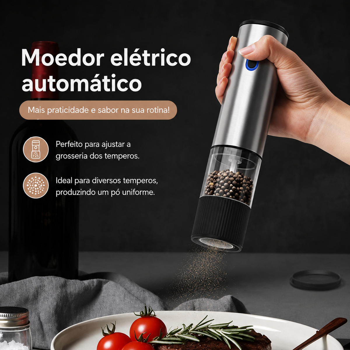 Moedor de pimenta automático recarregáveis ideal para cozinhar