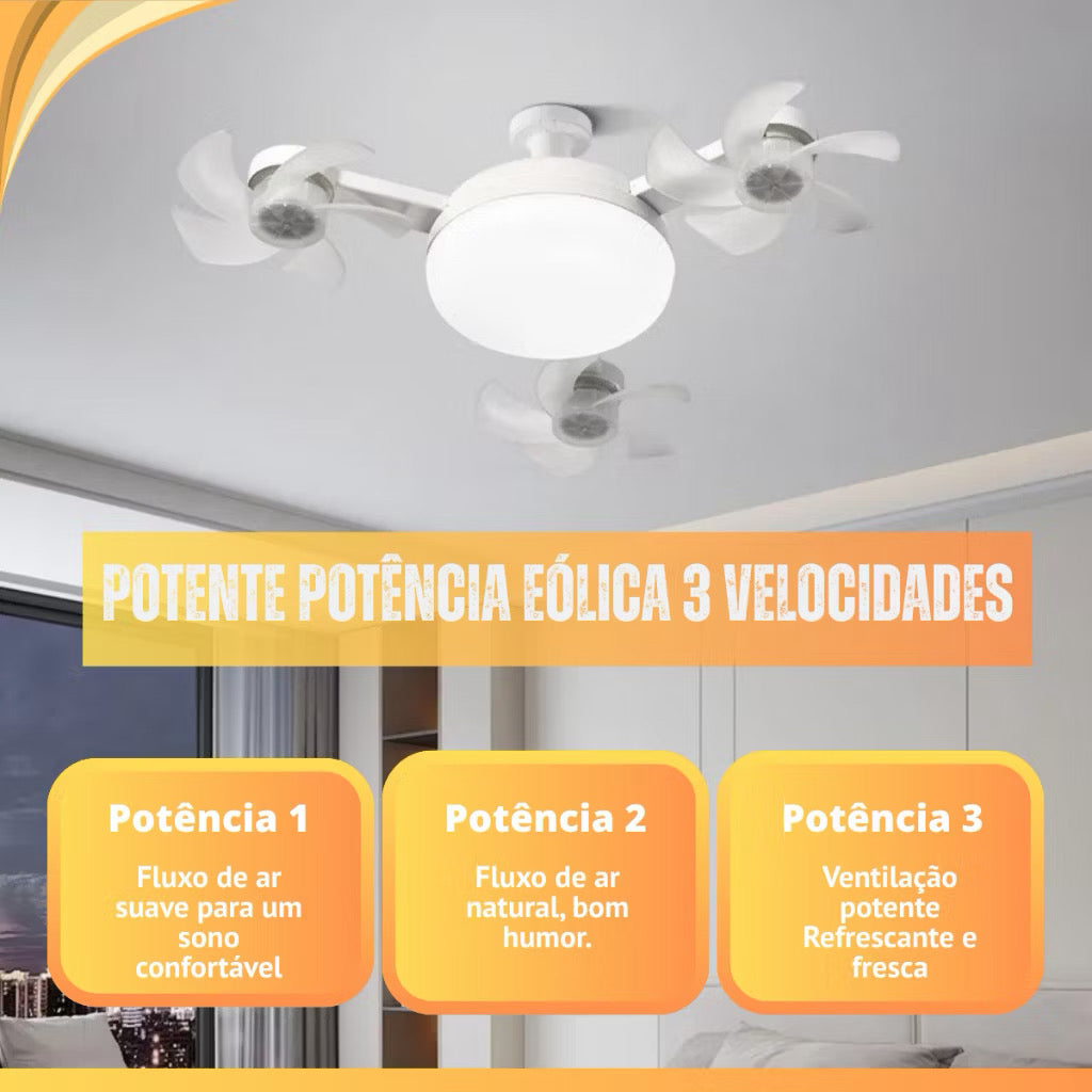Ventilador de teto Lustre LED E27 silencioso com controle remoto 4 mini hélices integradas Bivolt