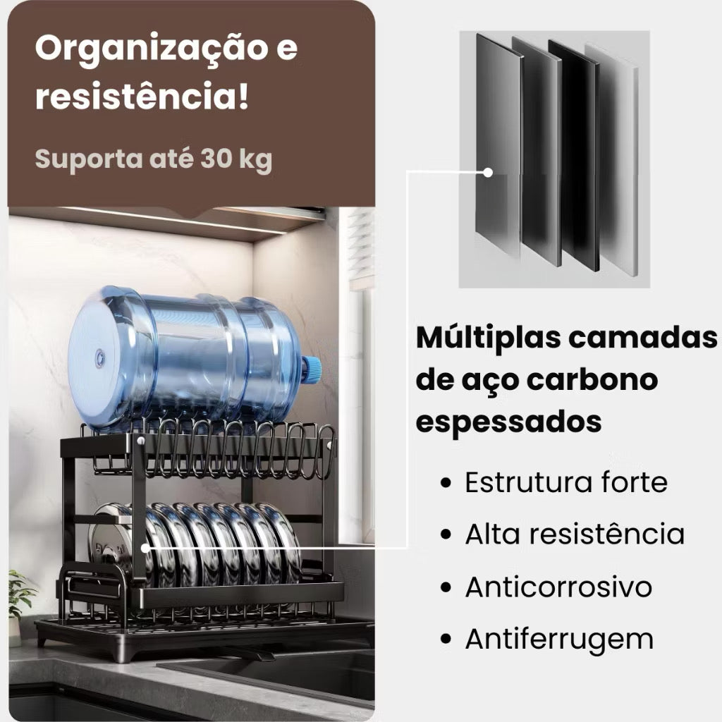 Escorredor de louças dois andares de aço carbono porta copos e talheres
