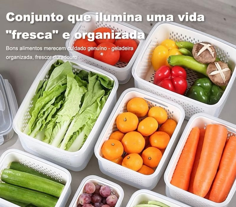 Kit 3 caixas Hermética para geladeira cestas conjunto com tampa cesta de drenagem grande