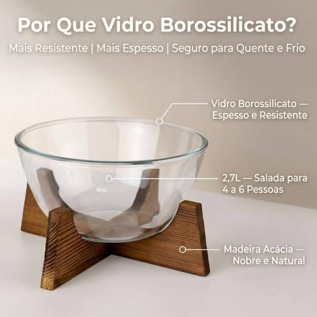 Tigela de Frutas de Vidro com Base de Madeira