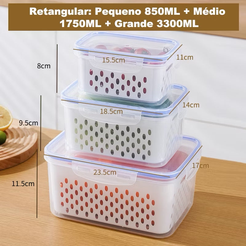 Kit 3 caixas Hermética para geladeira cestas conjunto com tampa cesta de drenagem grande