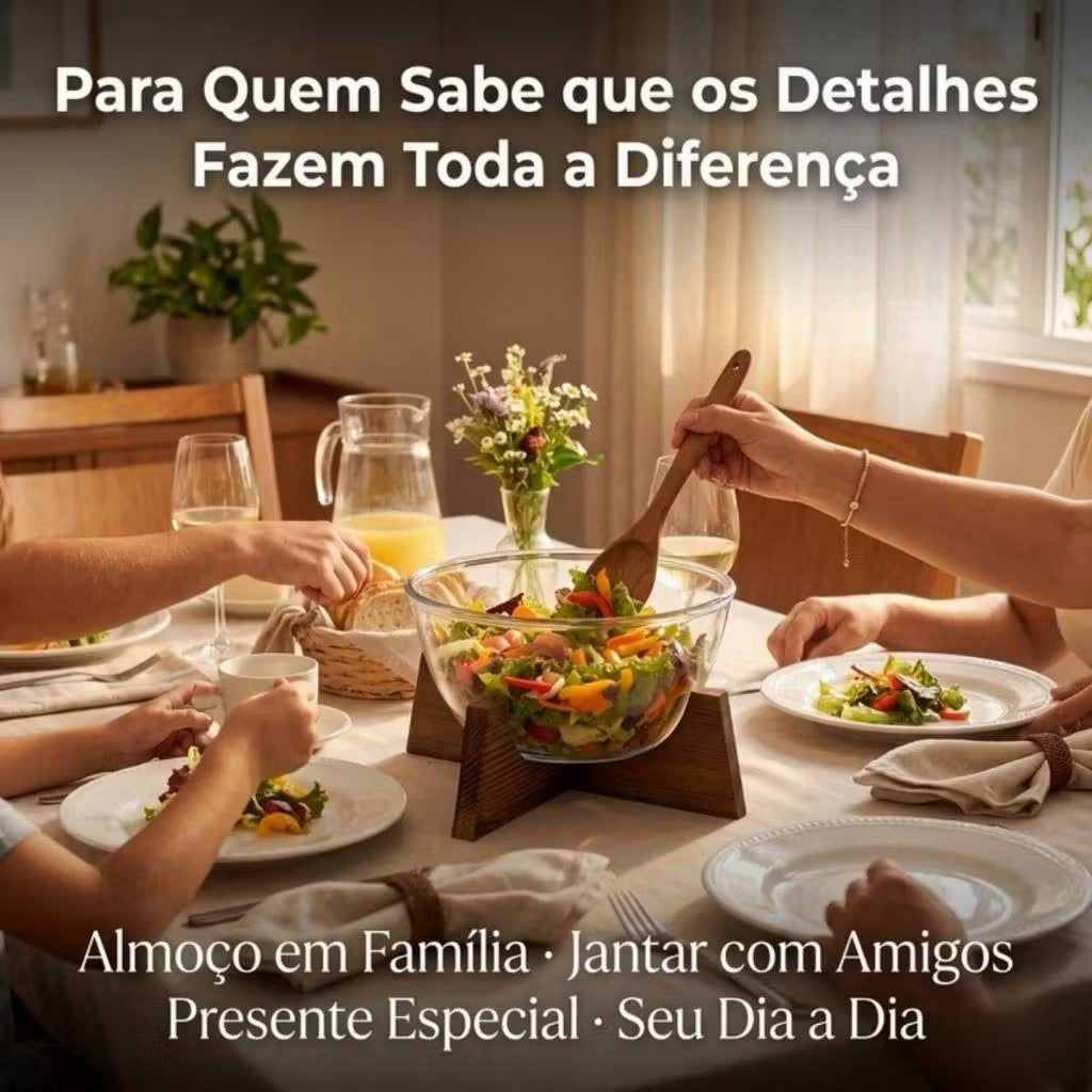 Tigela de Frutas de Vidro com Base de Madeira