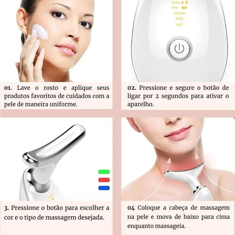 Massageador facial led, aparelho Anti-rugas para o rosto e pescoço, tratamento estético vibratório com luz