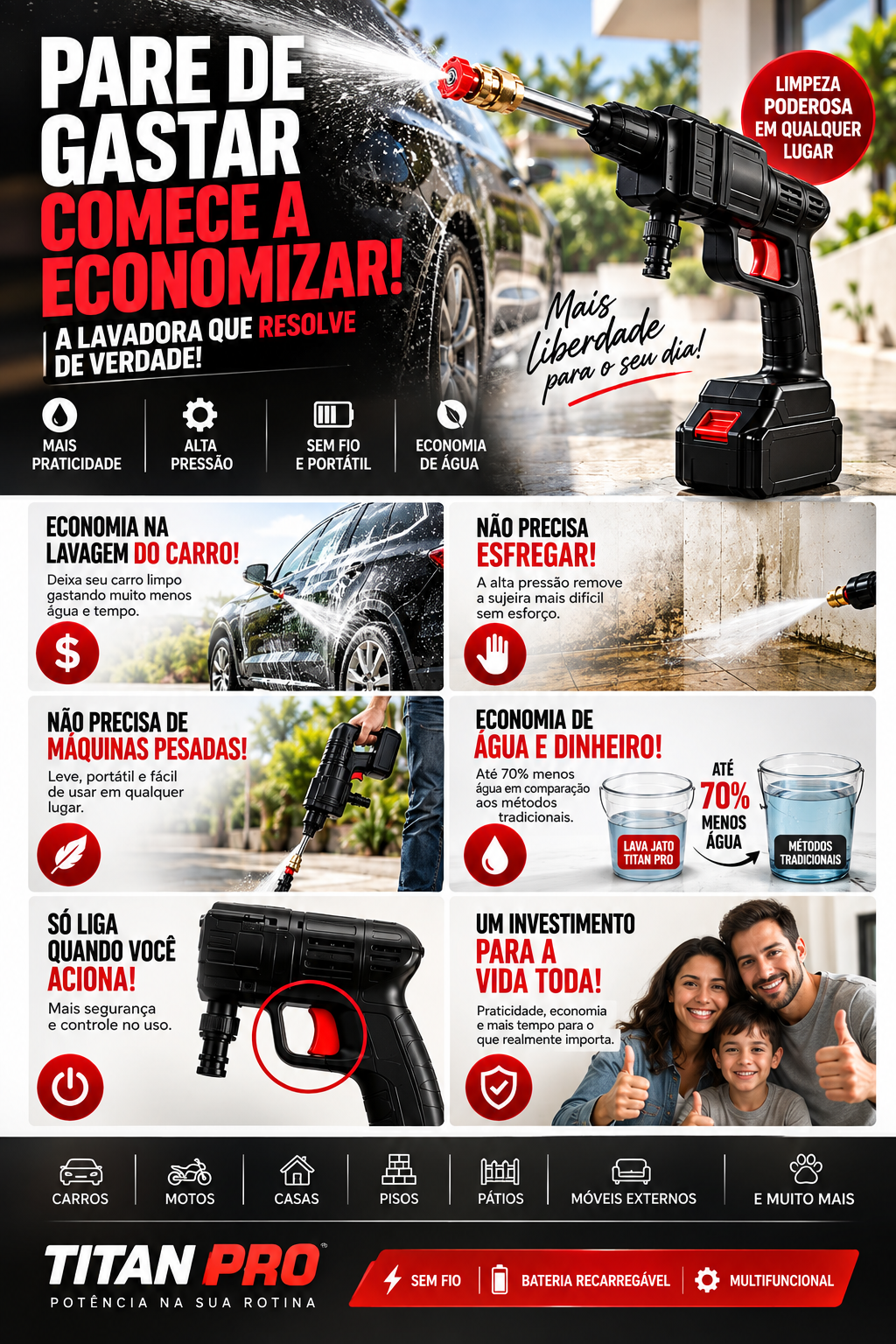 Lavadora de alta pressão sem fio portátil recarregáveis para carros e jardins pistola lava jato residencial Bivolt