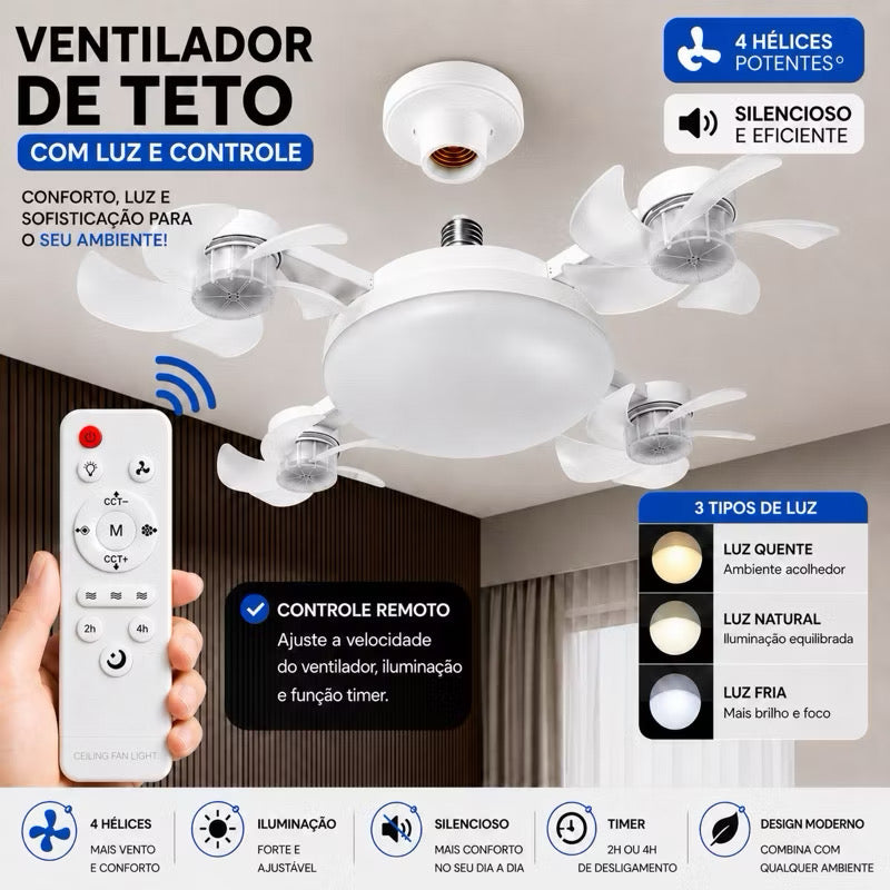 Ventilador de teto Lustre LED E27 silencioso com controle remoto 4 mini hélices integradas Bivolt