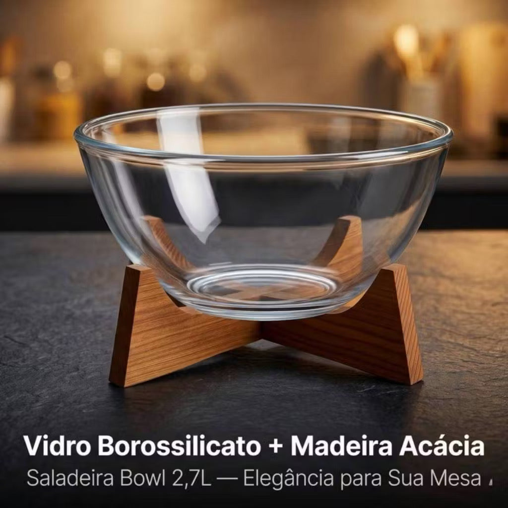 Tigela de Frutas de Vidro com Base de Madeira