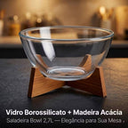 Tigela de Frutas de Vidro com Base de Madeira