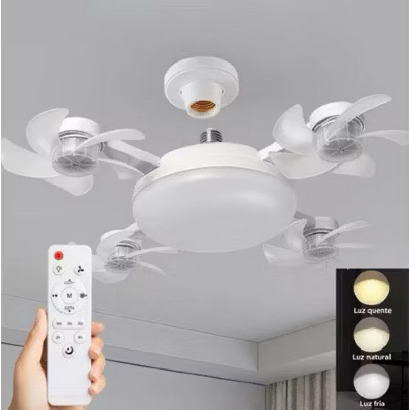 Ventilador de teto Lustre LED E27 silencioso com controle remoto 4 mini hélices integradas Bivolt