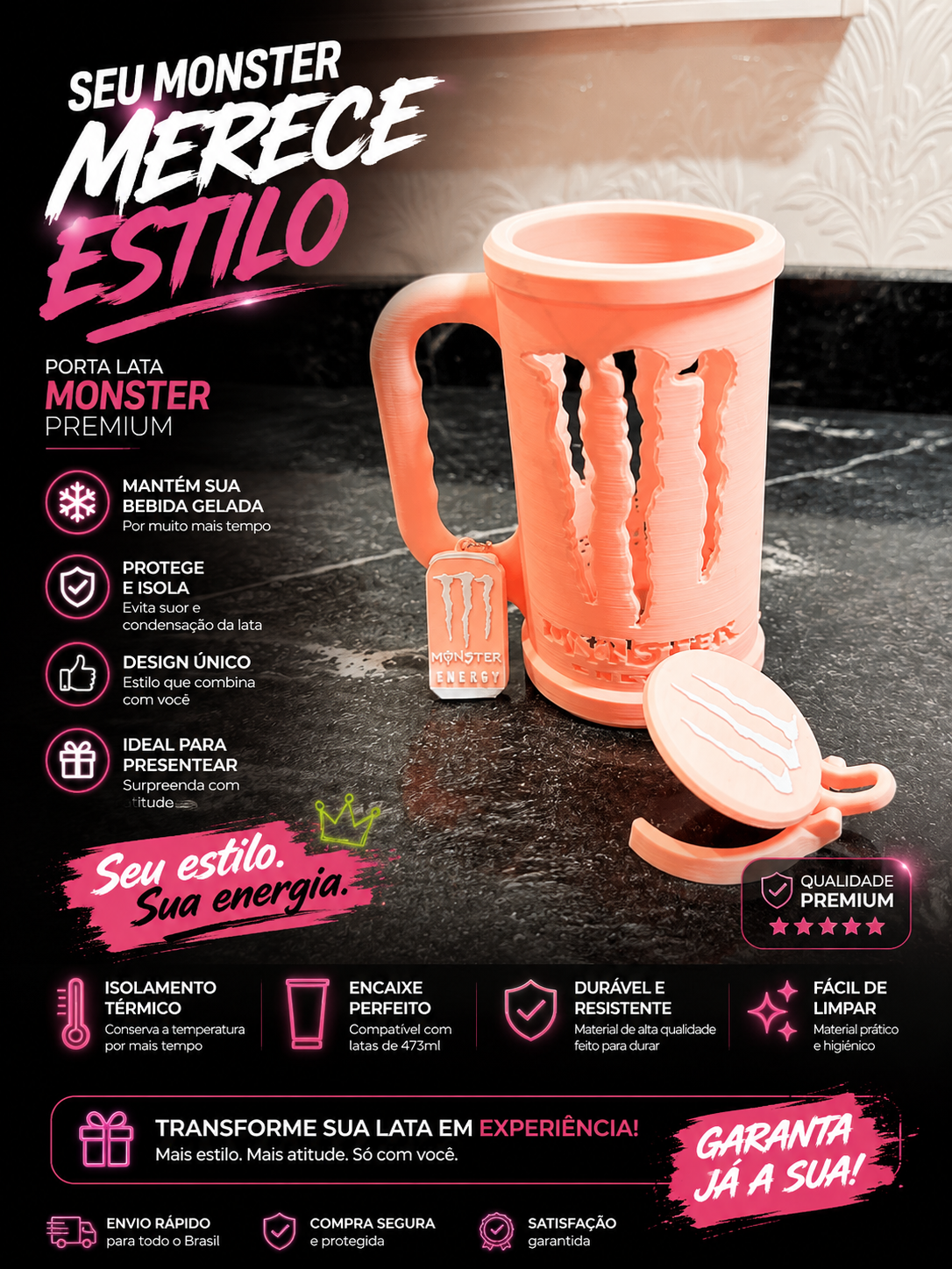 Kit Porta Energético 473ml Estilo Monster com Tampa e Abridor de Lat