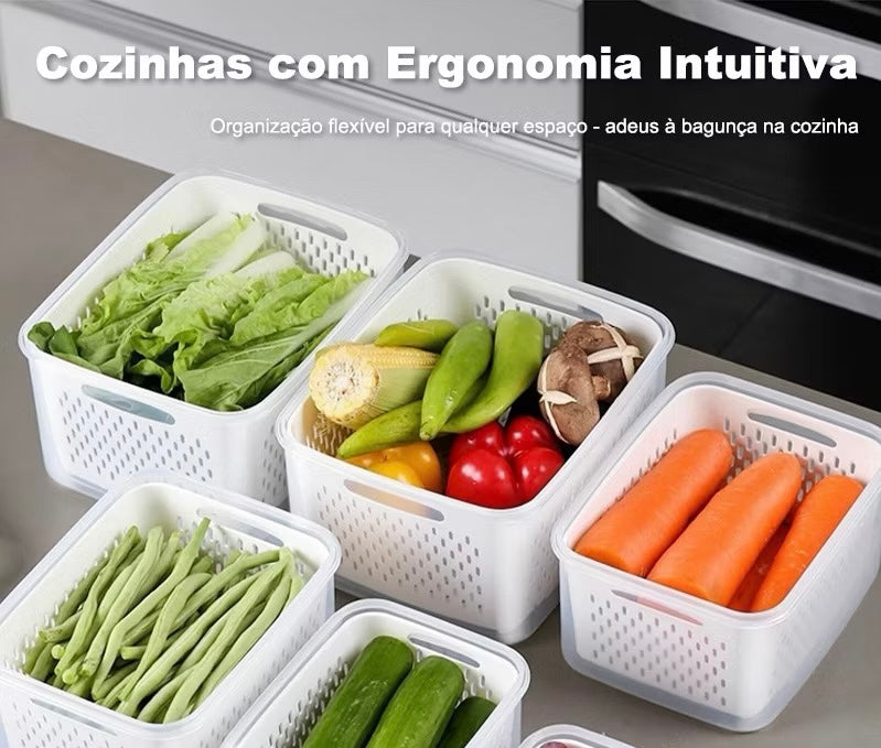 Kit 3 caixas Hermética para geladeira cestas conjunto com tampa cesta de drenagem grande