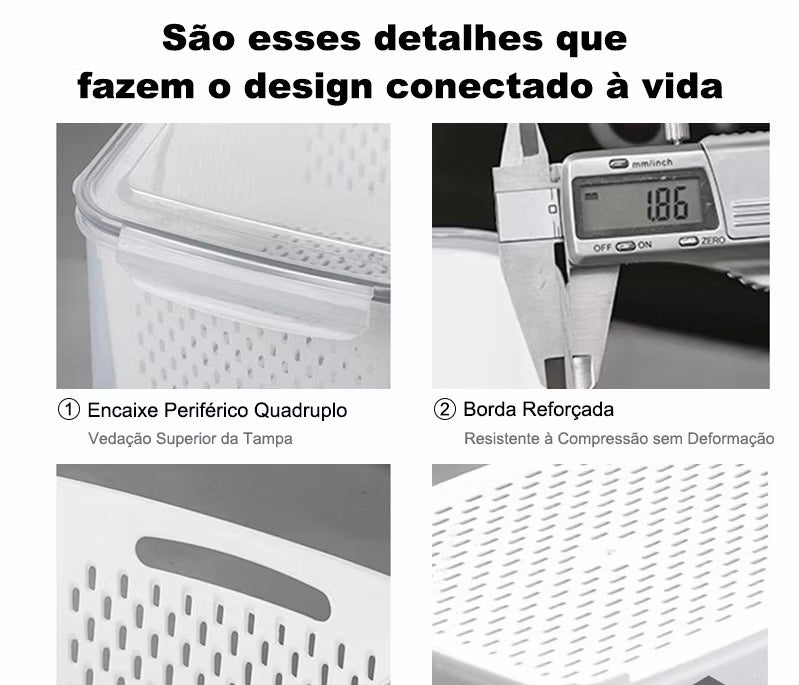 Kit 3 caixas Hermética para geladeira cestas conjunto com tampa cesta de drenagem grande