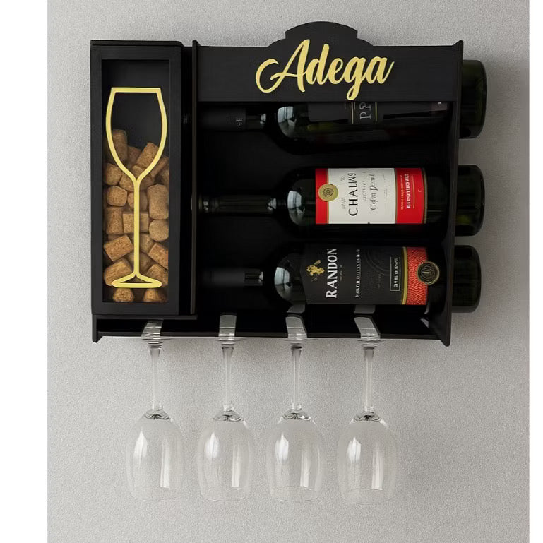 Adega de Parede em MDF Premium – Porta Vinhos, Taças e Rolhas Decorativo