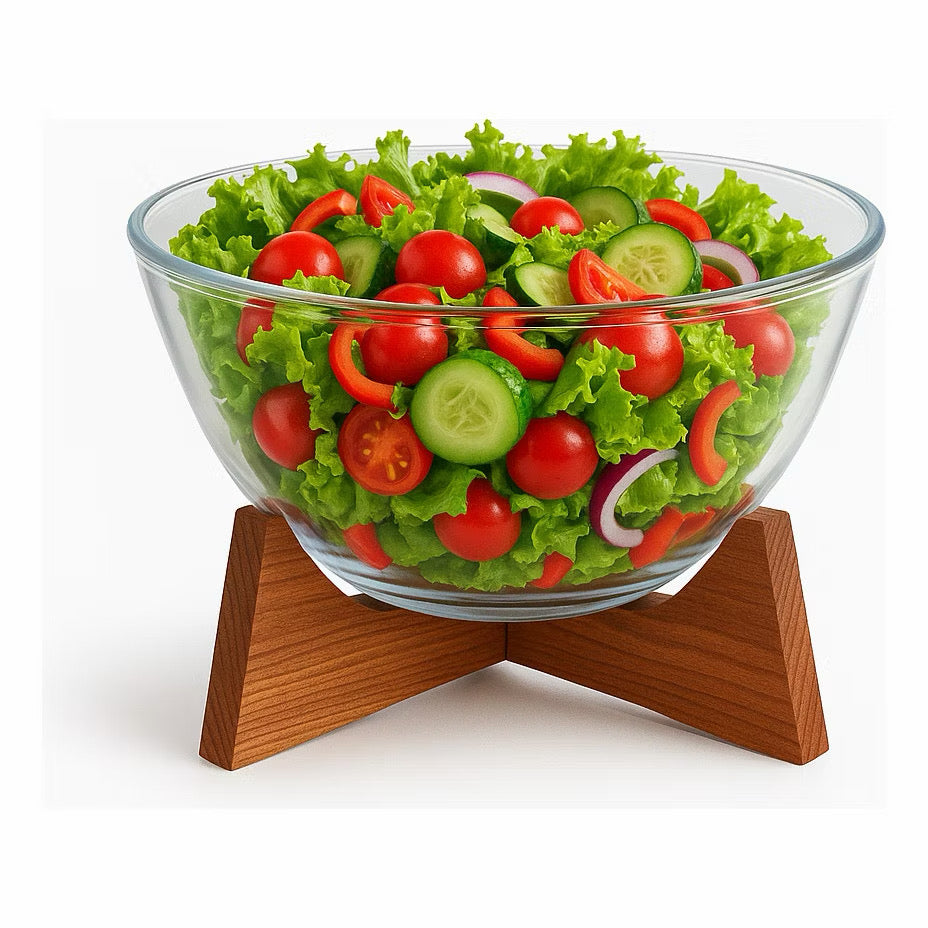Tigela de Frutas de Vidro com Base de Madeira