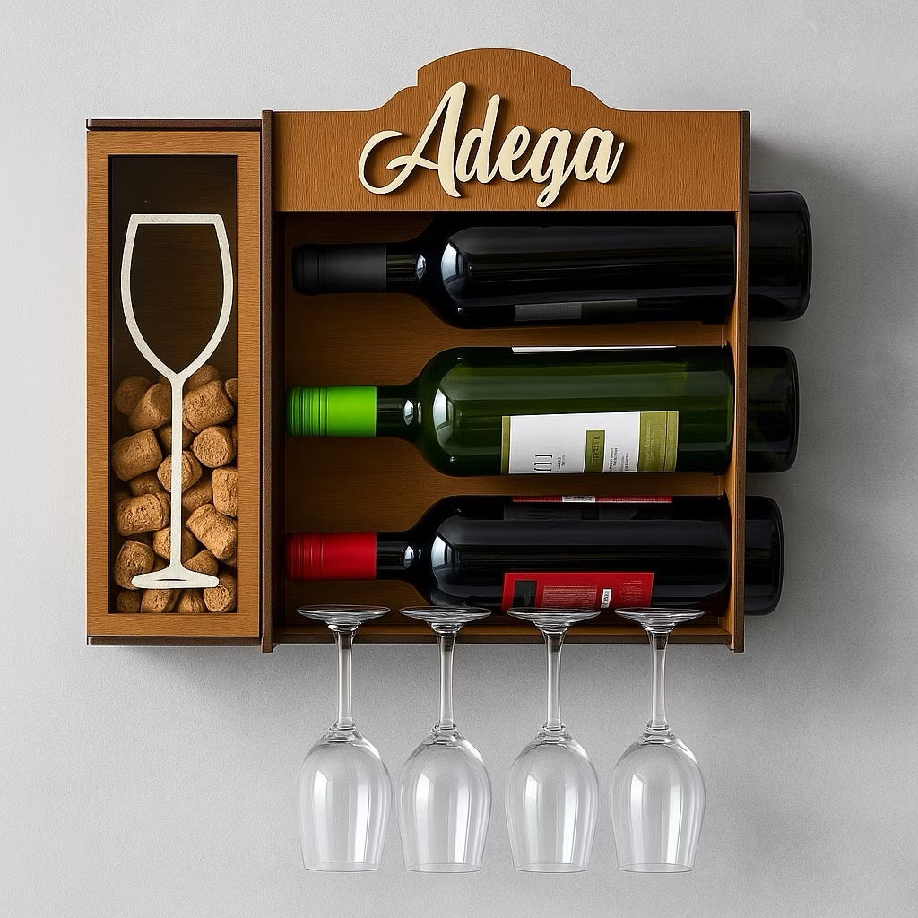 Adega de Parede em MDF Premium – Porta Vinhos, Taças e Rolhas Decorativo