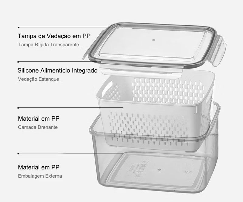 Kit 3 caixas Hermética para geladeira cestas conjunto com tampa cesta de drenagem grande