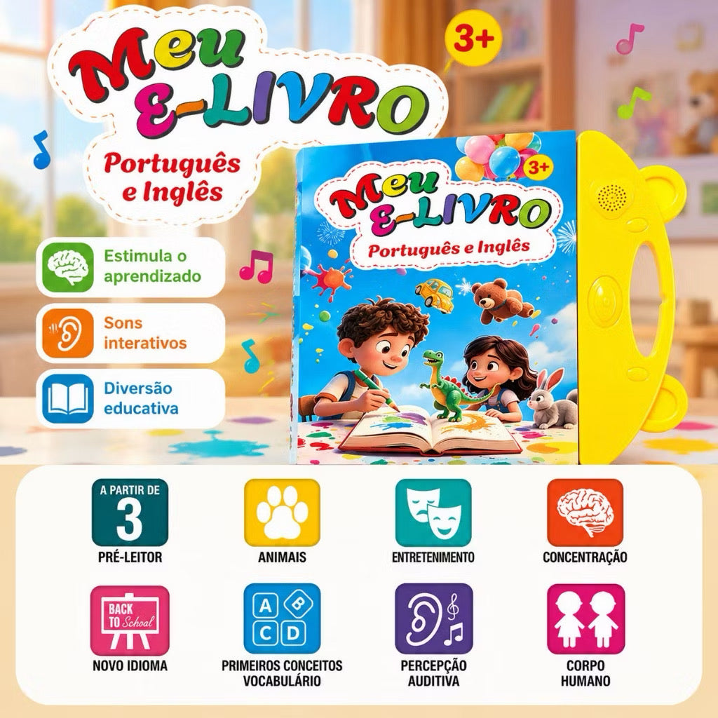 Meu E-Livro Educativo Bilíngue – Português e Inglês | Livro Sonoro Infantil Interativo