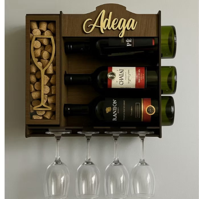 Adega de Parede em MDF Premium – Porta Vinhos, Taças e Rolhas Decorativo