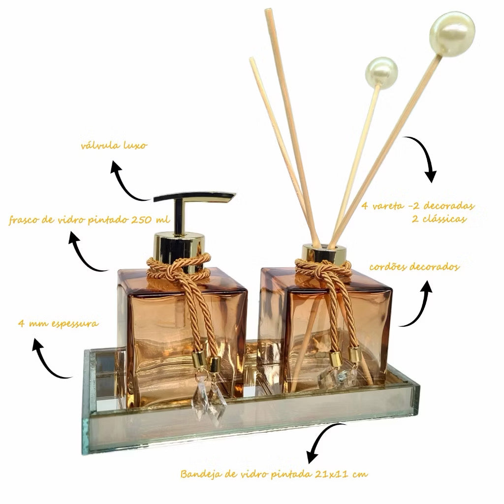 Kit lavabo vidro 250ml completo luxo com bandeja