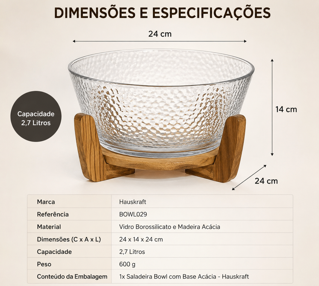 Tigela de Frutas de Vidro com Base de Madeira