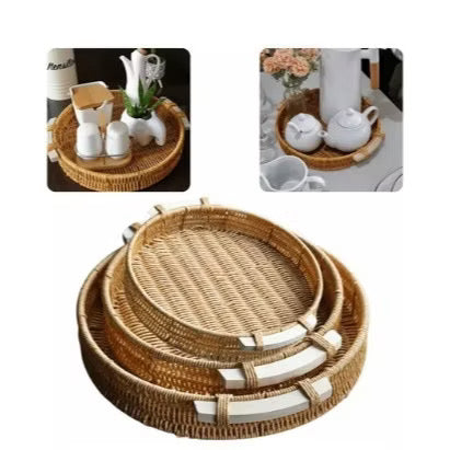 Cesto Rattan trama Redonda com alça de madeira