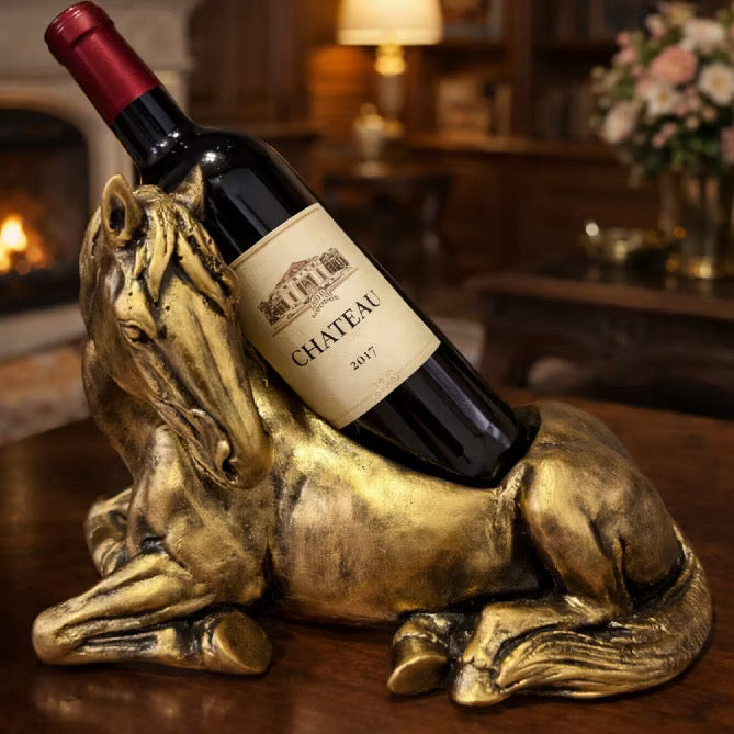 Suporte de Vinho Cavalo Dourado em Resina Luxo
