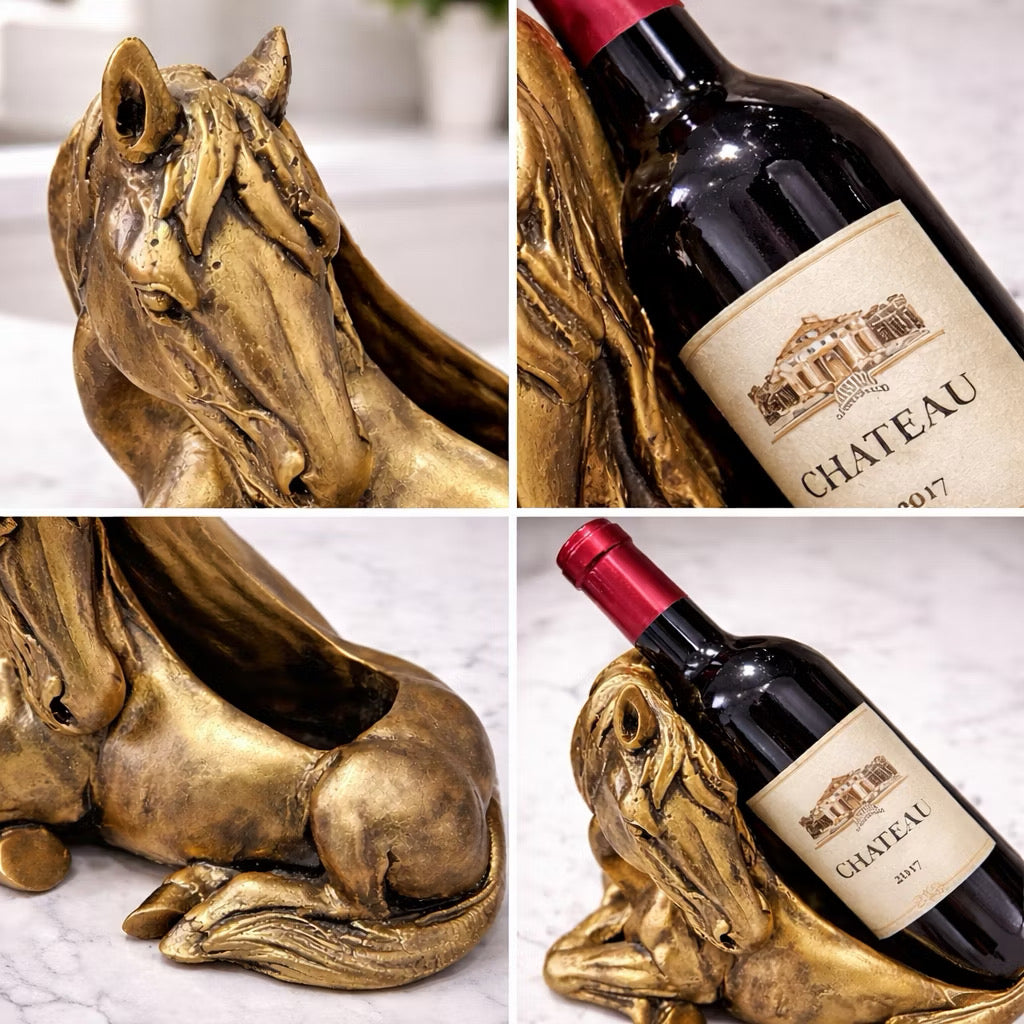 Suporte de Vinho Cavalo Dourado em Resina Luxo