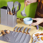 Kit completo jogo de cozinha de luxo com 19 peças incluindo uma taboa em silicone espátula faca tesoura.