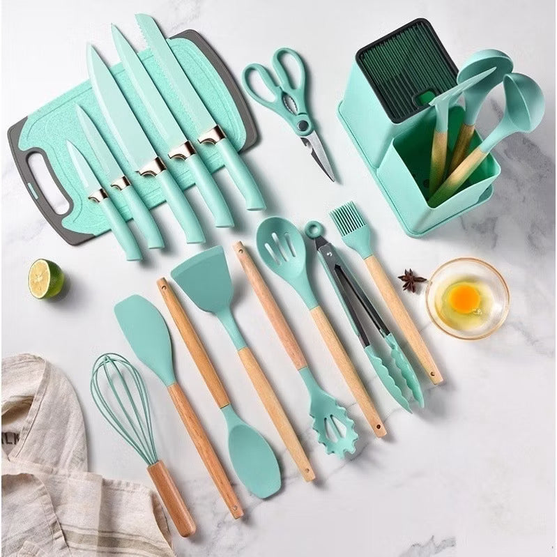 Kit completo jogo de cozinha de luxo com 19 peças incluindo uma taboa em silicone espátula faca tesoura.