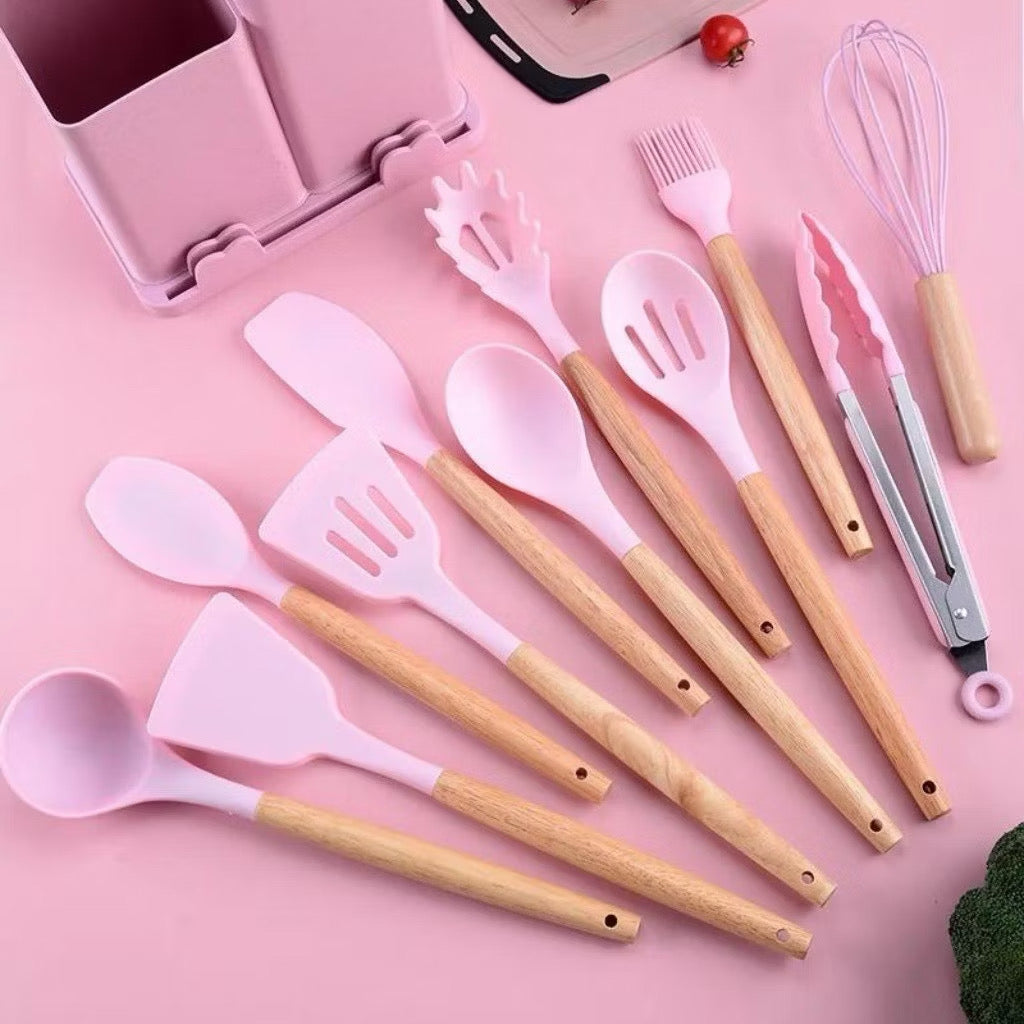 Kit completo jogo de cozinha de luxo com 19 peças incluindo uma taboa em silicone espátula faca tesoura.