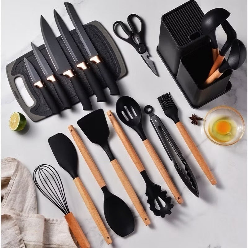 Kit completo jogo de cozinha de luxo com 19 peças incluindo uma taboa em silicone espátula faca tesoura.