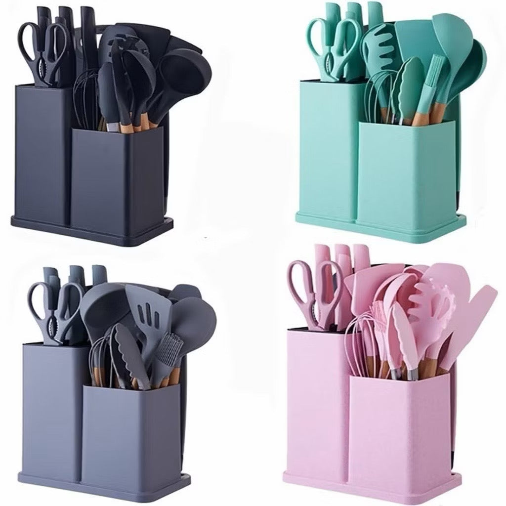 Kit completo jogo de cozinha de luxo com 19 peças incluindo uma taboa em silicone espátula faca tesoura.