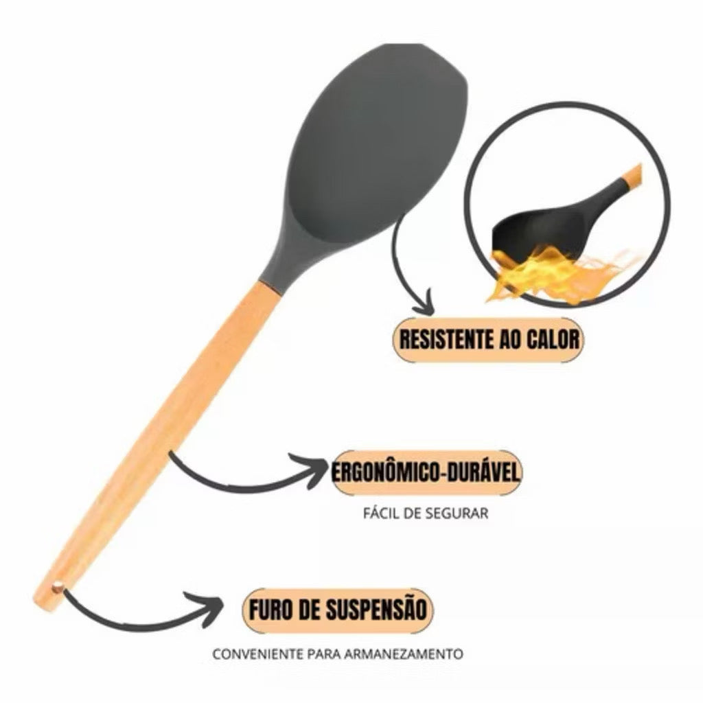 Kit completo jogo de cozinha de luxo com 19 peças incluindo uma taboa em silicone espátula faca tesoura.