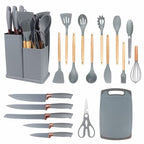 Kit completo jogo de cozinha de luxo com 19 peças incluindo uma taboa em silicone espátula faca tesoura.