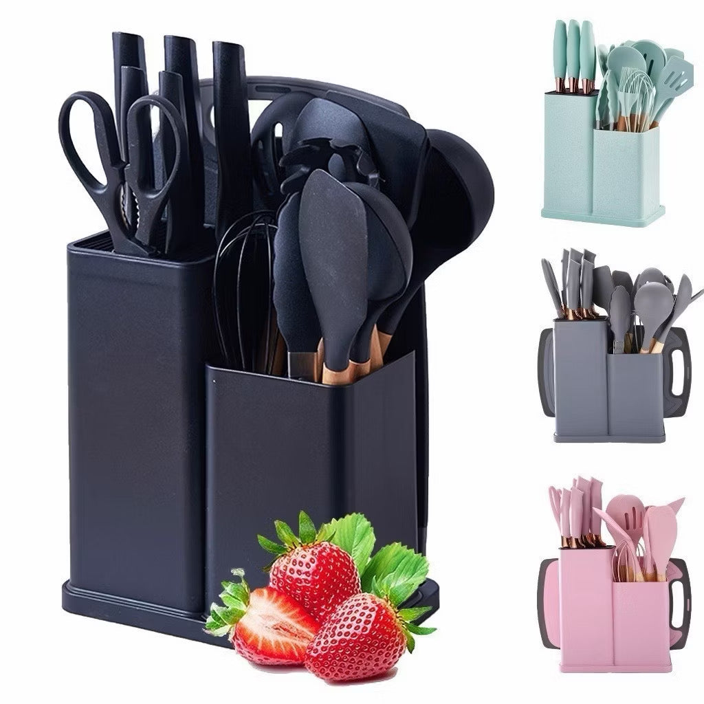 Kit completo jogo de cozinha de luxo com 19 peças incluindo uma taboa em silicone espátula faca tesoura.