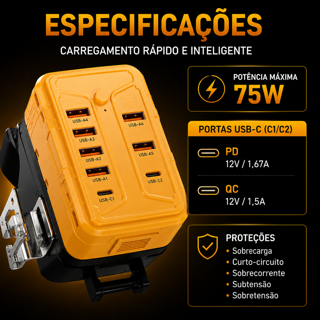 Inversor de Energia portátil compatível com bateria Dewalt 20v 8 portas para conversor de Energia Dewalt carregamento