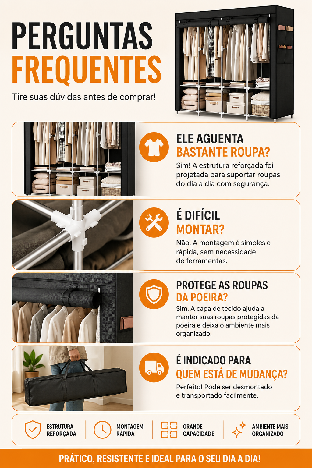 Guarda-Roupa Portátil Dobrável com Capa Protetora – Organizador 4 Divisória