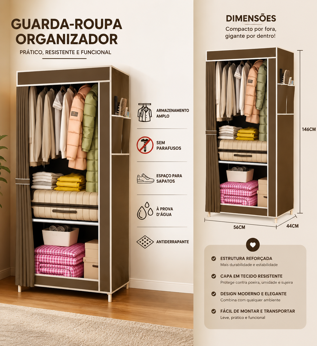 Guarda-Roupa Portátil Dobrável com Capa Protetora – Organizador 4 Divisória