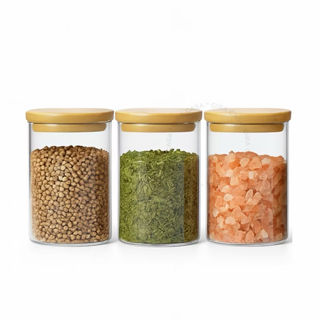 Kit potes de vidro com tampa de bambu herméticos para mantimentos empilháveis 300 ml