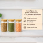 Kit potes de vidro com tampa de bambu herméticos para mantimentos empilháveis 300 ml
