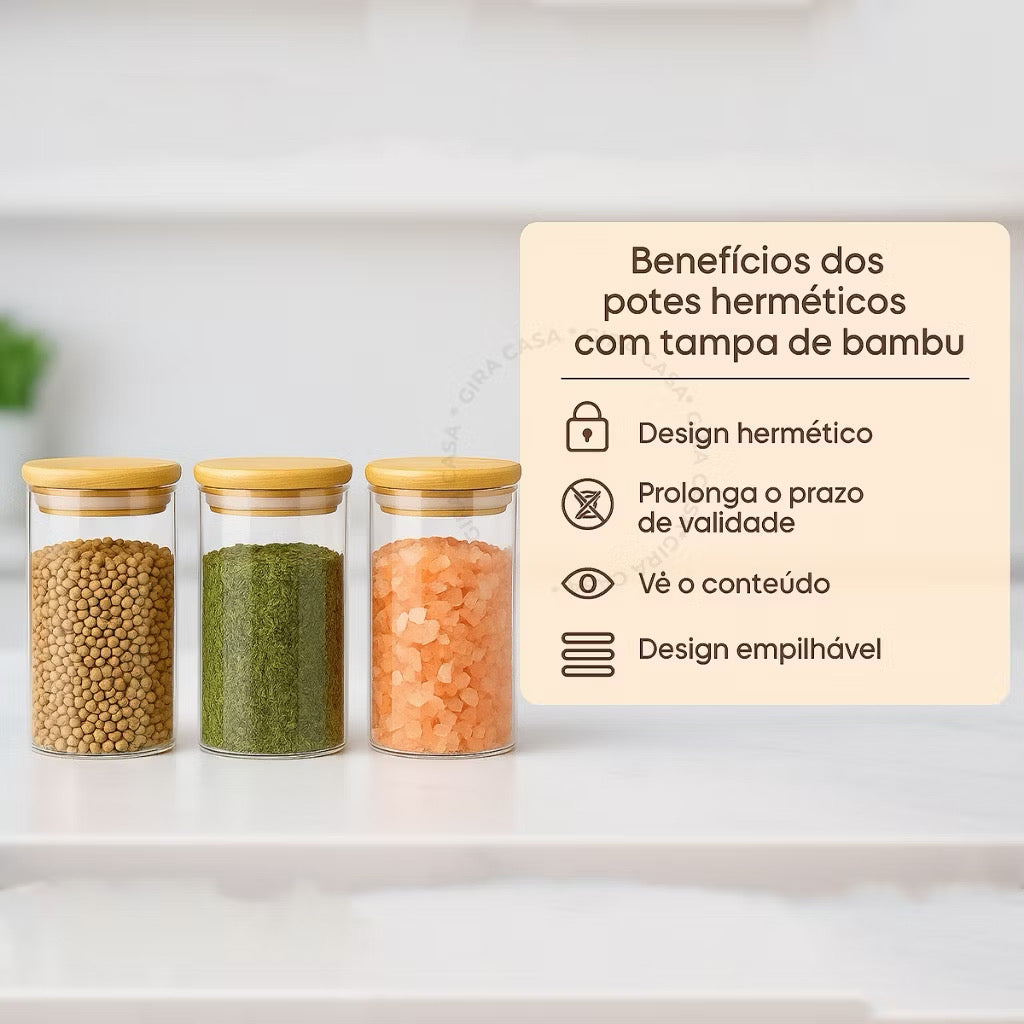 Kit potes de vidro com tampa de bambu herméticos para mantimentos empilháveis 300 ml