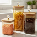 Conjunto de potes de mantimentos de vidro quadrado âmbar com tampa de bambu e hermética cristal
