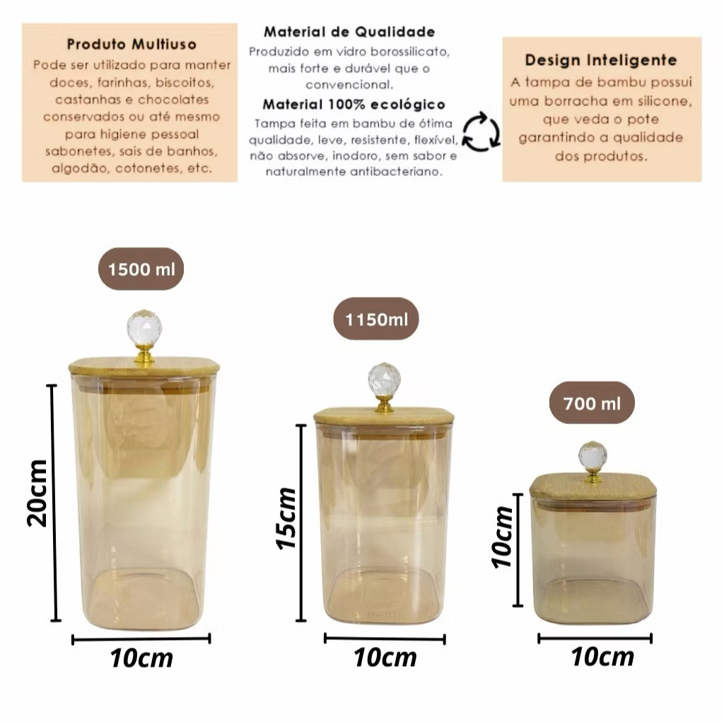 Conjunto de potes de mantimentos de vidro quadrado âmbar com tampa de bambu e hermética cristal