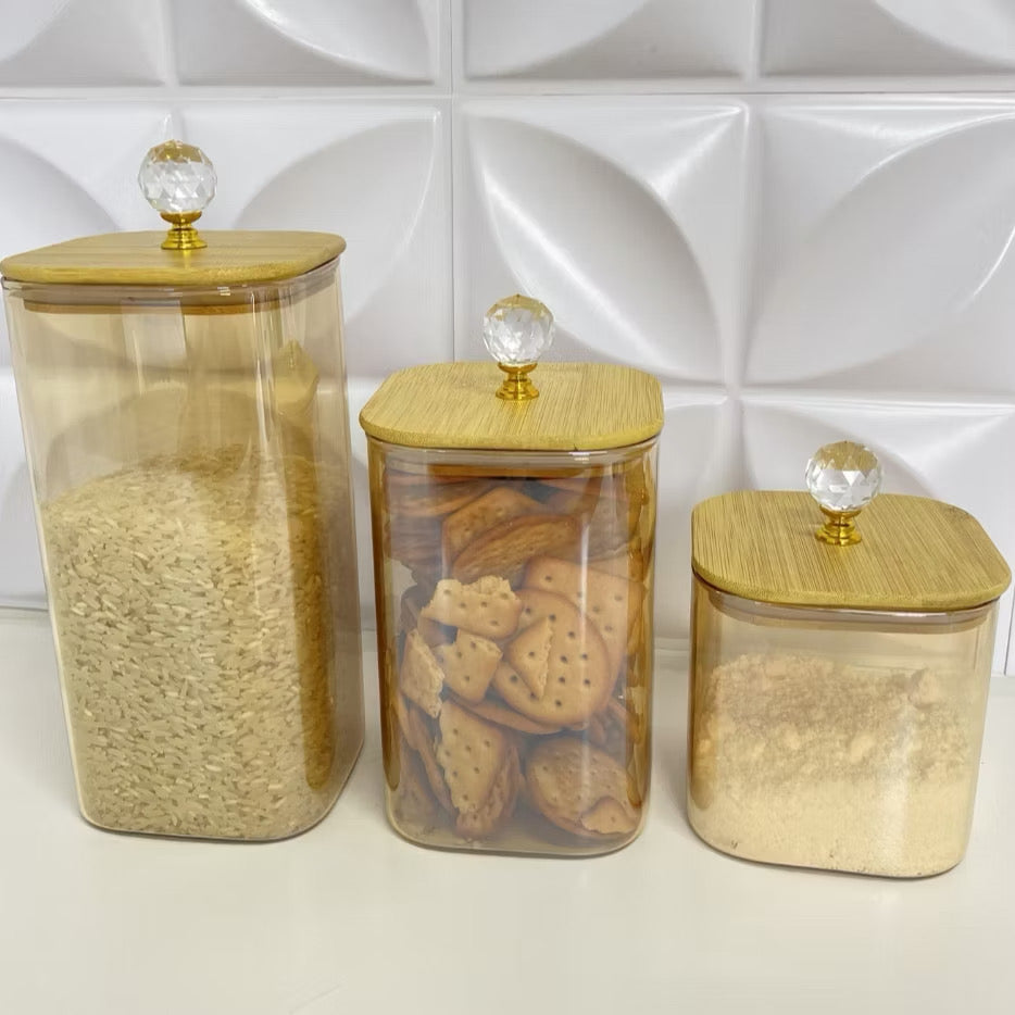 Conjunto de potes de mantimentos de vidro quadrado âmbar com tampa de bambu e hermética cristal