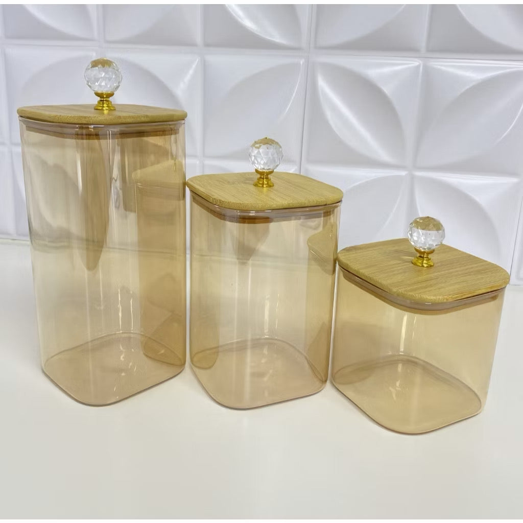 Conjunto de potes de mantimentos de vidro quadrado âmbar com tampa de bambu e hermética cristal