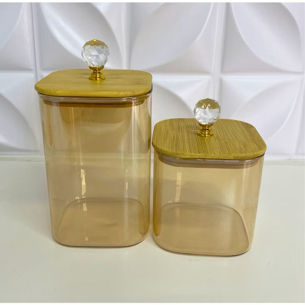 Conjunto de potes de mantimentos de vidro quadrado âmbar com tampa de bambu e hermética cristal