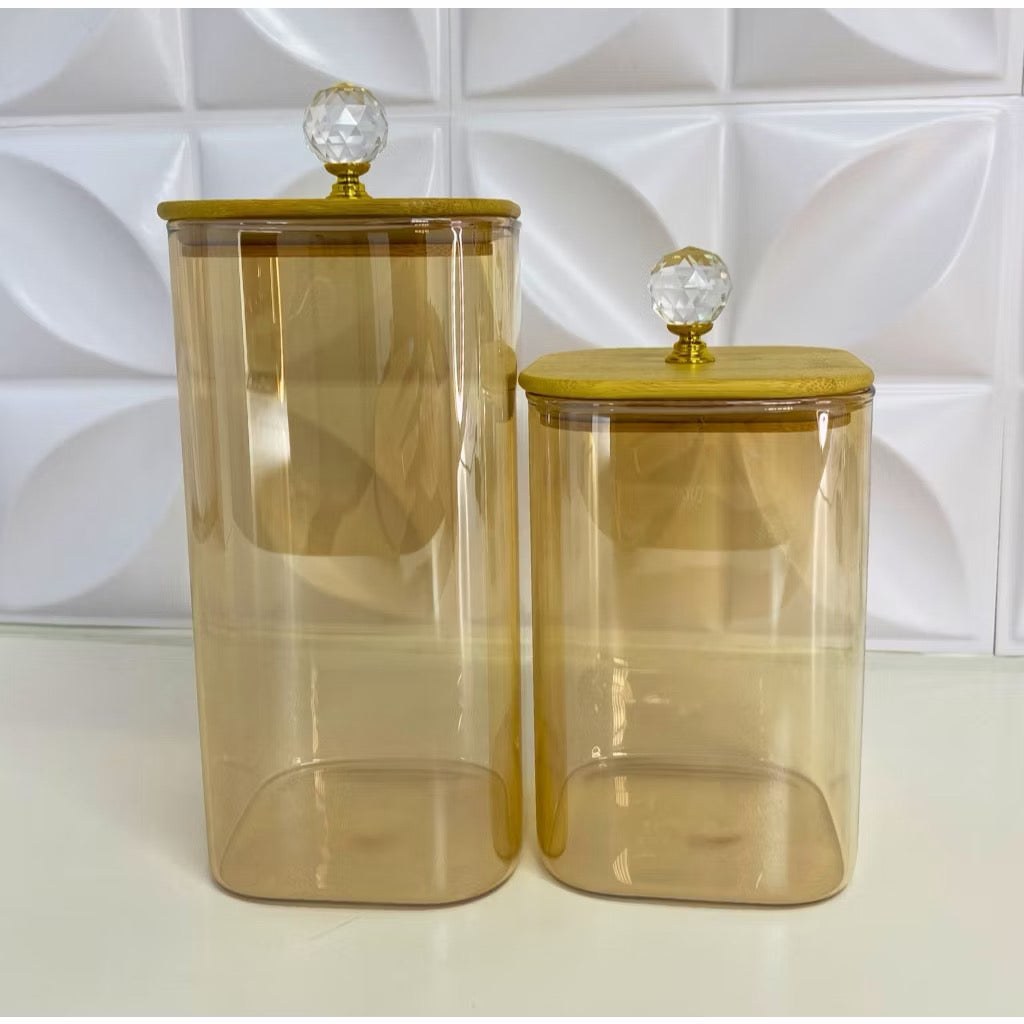 Conjunto de potes de mantimentos de vidro quadrado âmbar com tampa de bambu e hermética cristal