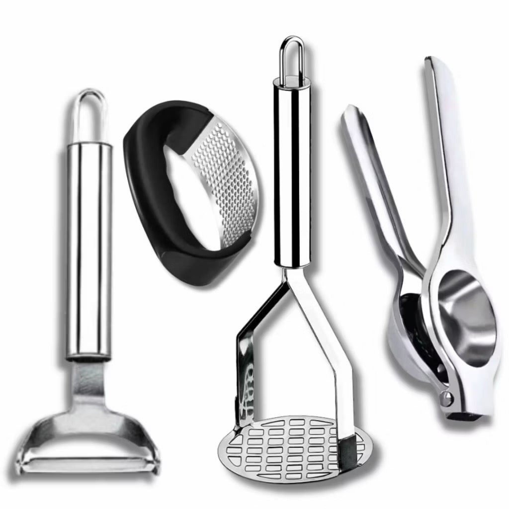 Kit cozinha descascador de legumes amassador de batatas espremedor de limão e de alho em aço inox